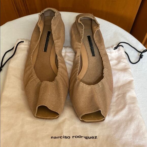 Narciso Rodriguez Snake Leather Pale Pink Tan Open Toe Ballet Flats - 9 W/ Bag - Picture 1 of 13